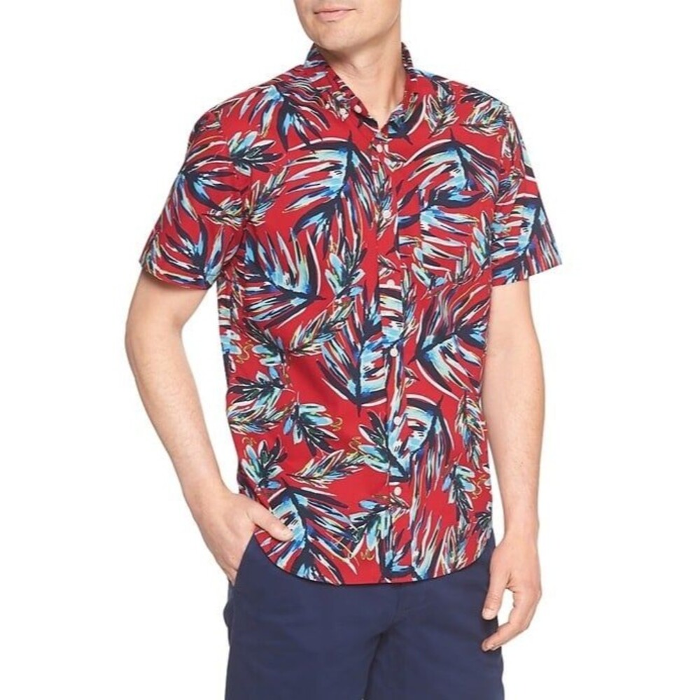 Gap Men's 100% Cotton Standard Fit Tropical Watercolor Poplin Collar Shirt L